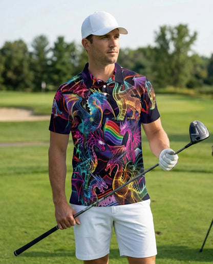 Pride Rainbow Dragon Polo Shirt for Men-Neon Fantasy Dragon Shirt | Netecom
