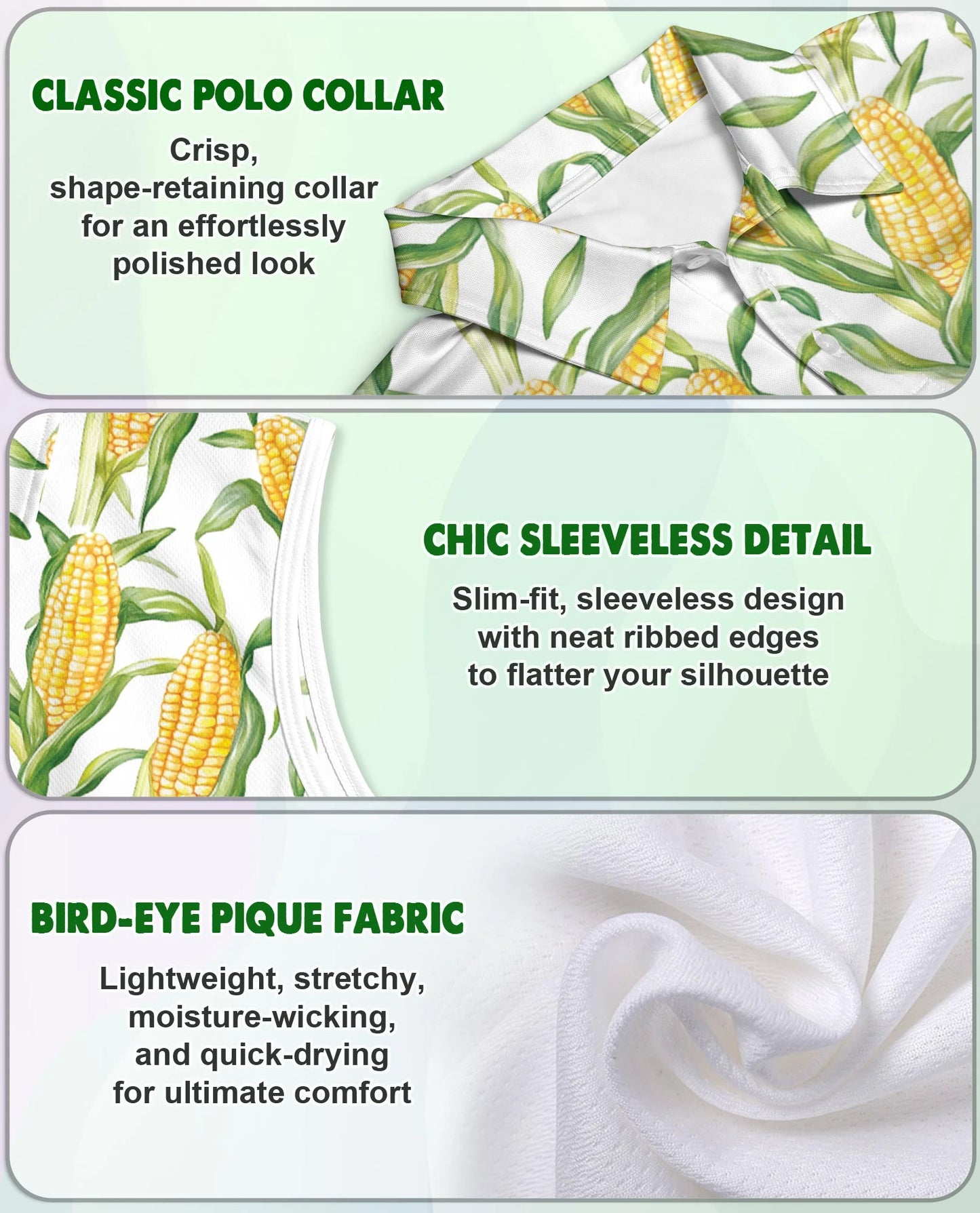 Fresh Corn Cob Pattern Sleeveless Polo Shirt for Women | Netecom