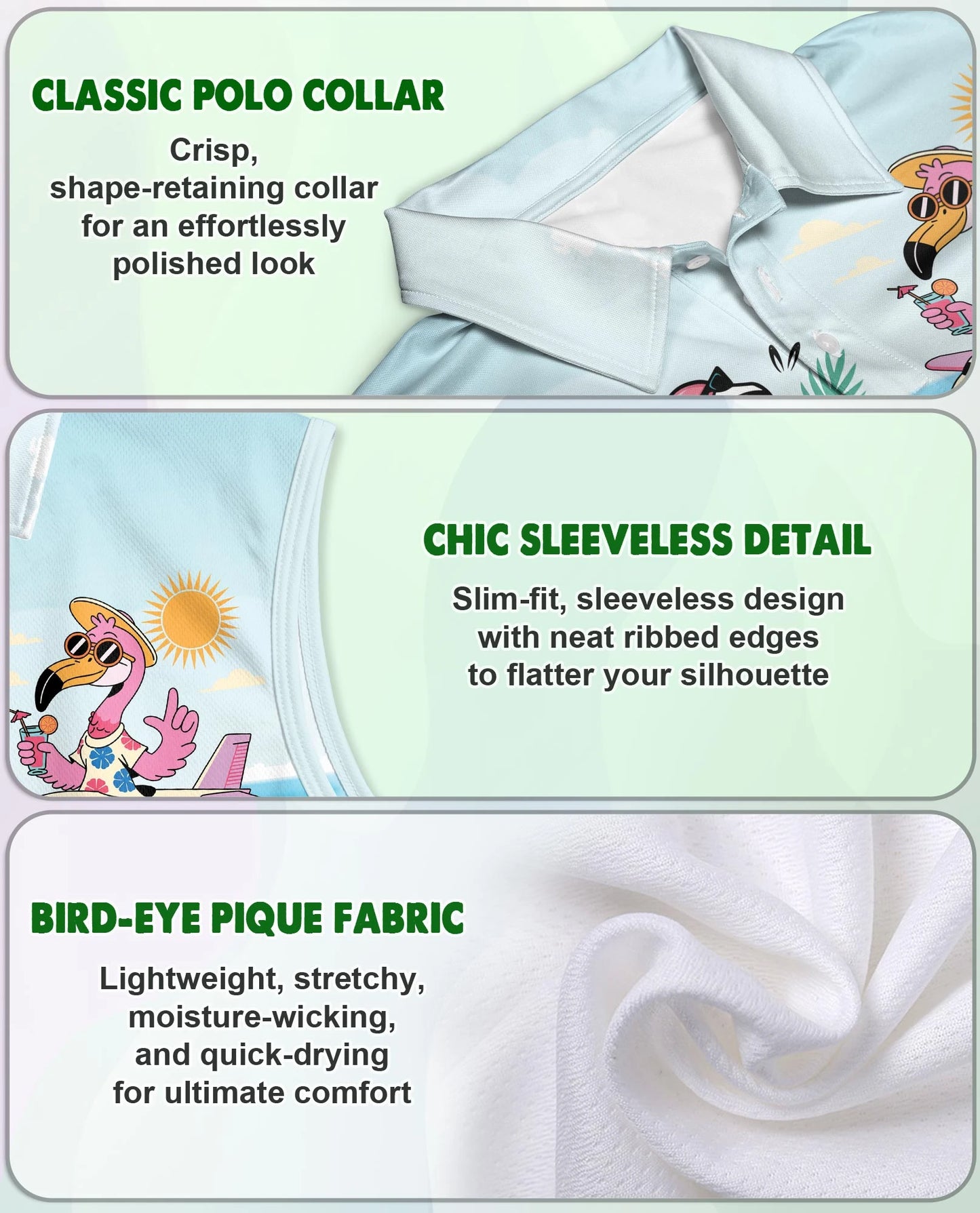 Flamingo Cocktails Beach Sleeveless Polo Shirt for Women – Tropical Summer Style | Netecom
