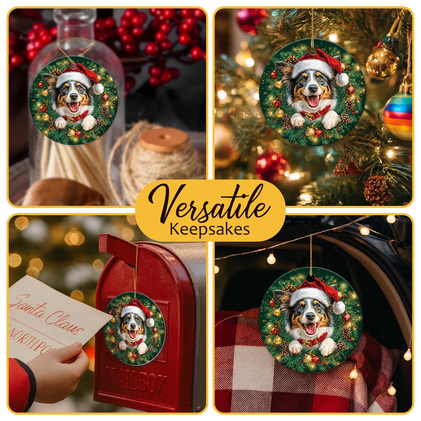 Netecom Cute Australian Shepherd Christmas Ornament, Dog Santa Hat Ceramic Ornament for Xmas Tree Hanging Decorations Gift, Puppy Lover Gifts, Home Decor, Holiday Party Present