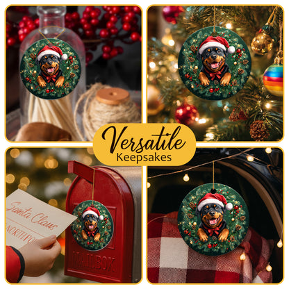 Netecom Cute Rottweiler in Santa Hat Christmas Ornament, Rottie Dog Ceramic Ornament for Xmas Tree Hanging Decorations Gift, Puppy Lover Gifts, Home Decor, Holiday Party Present