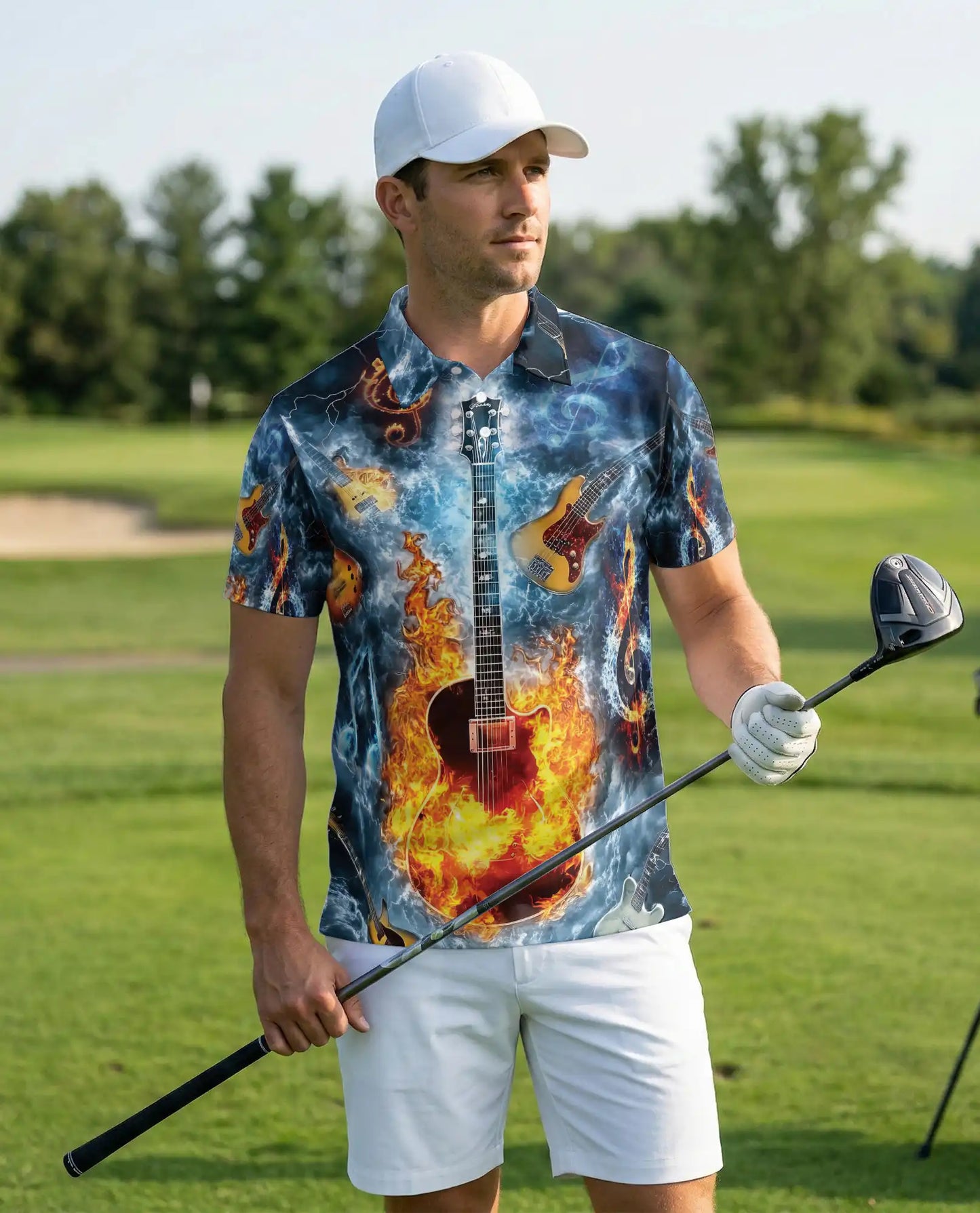 Flaming Guitar 3D Polo Shirt for Men – Rock Music Fire Storm Style | Netecom