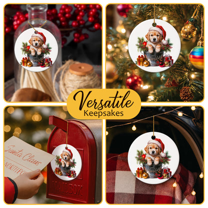 Netecom Cute Golden Retriever in Bucket Ornament, Dog with Santa Hat Ceramic Ornament for Christmas Tree Hanging Decorations Gift, Puppy Lover Gifts, Home Decor, Holiday Party Present