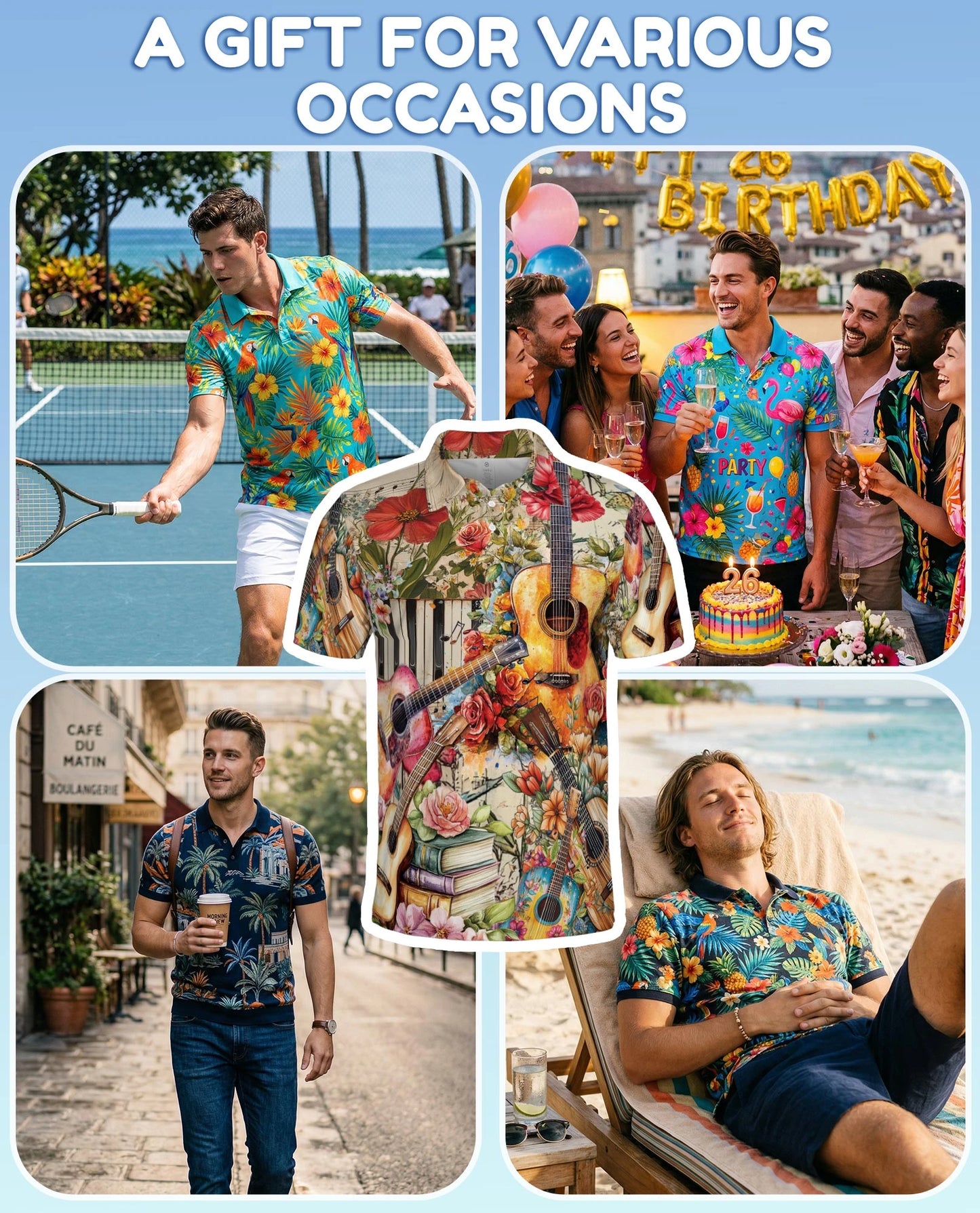Vintage Flower Ukulele Polo Shirt for Men – Tropical Music Style | Netecom