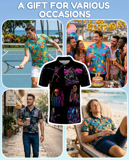 Neon Skeleton Polo Shirt - Retro Music Festival Style | Netecom