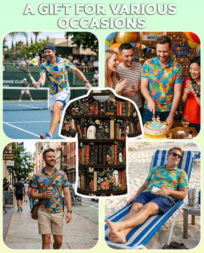 Ghost Library 3D Polo Shirt for Men – Vintage Floral Bookcase Style | Netecom