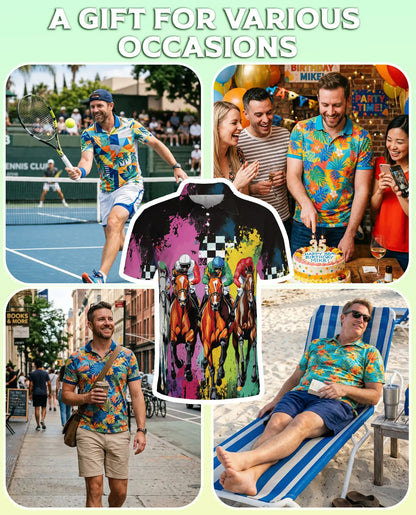 Color Splash Horse Racing 3D Polo Shirt for Men – Dynamic Jockey Derby Style | Netecom