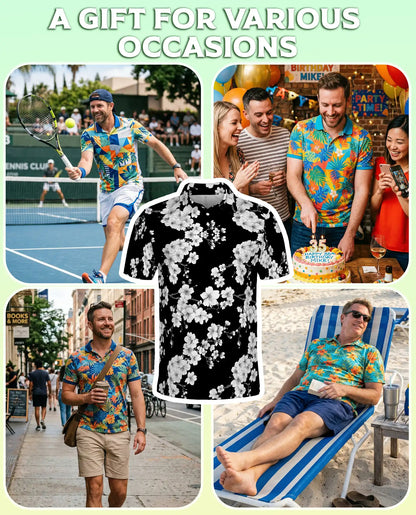 Black White Floral Hawaiian 3D Polo Shirt for Men | Netecom