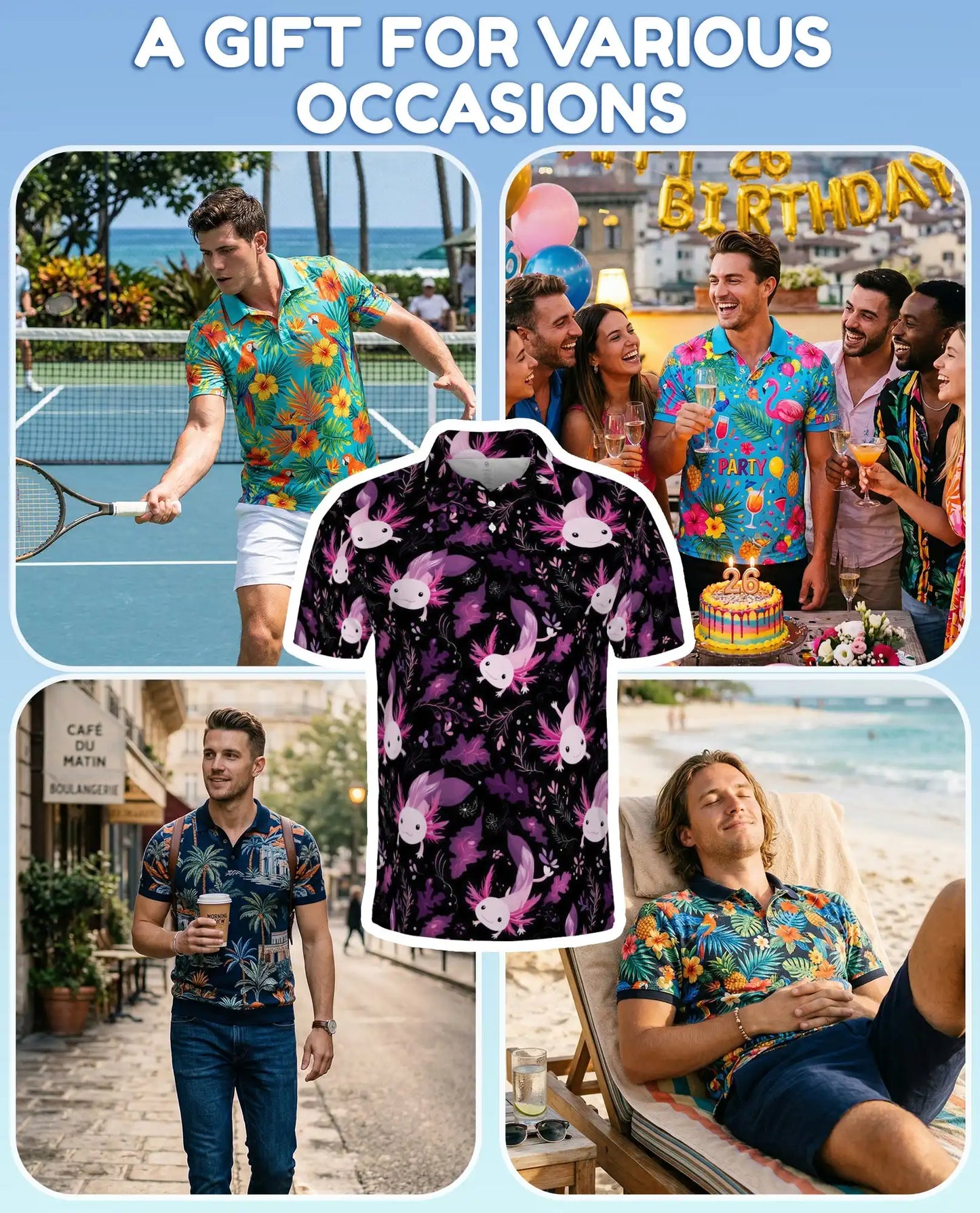 Purple Axolotl Polo Shirt for Men – Cute Aquatic Style | Netecom
