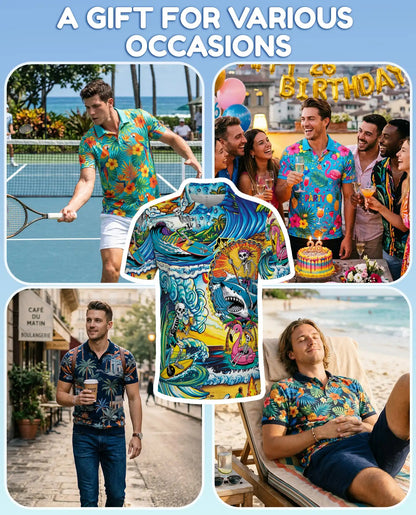 Surfing Skeleton Polo Shirt – Tropical Beach Skull Style| Netecom