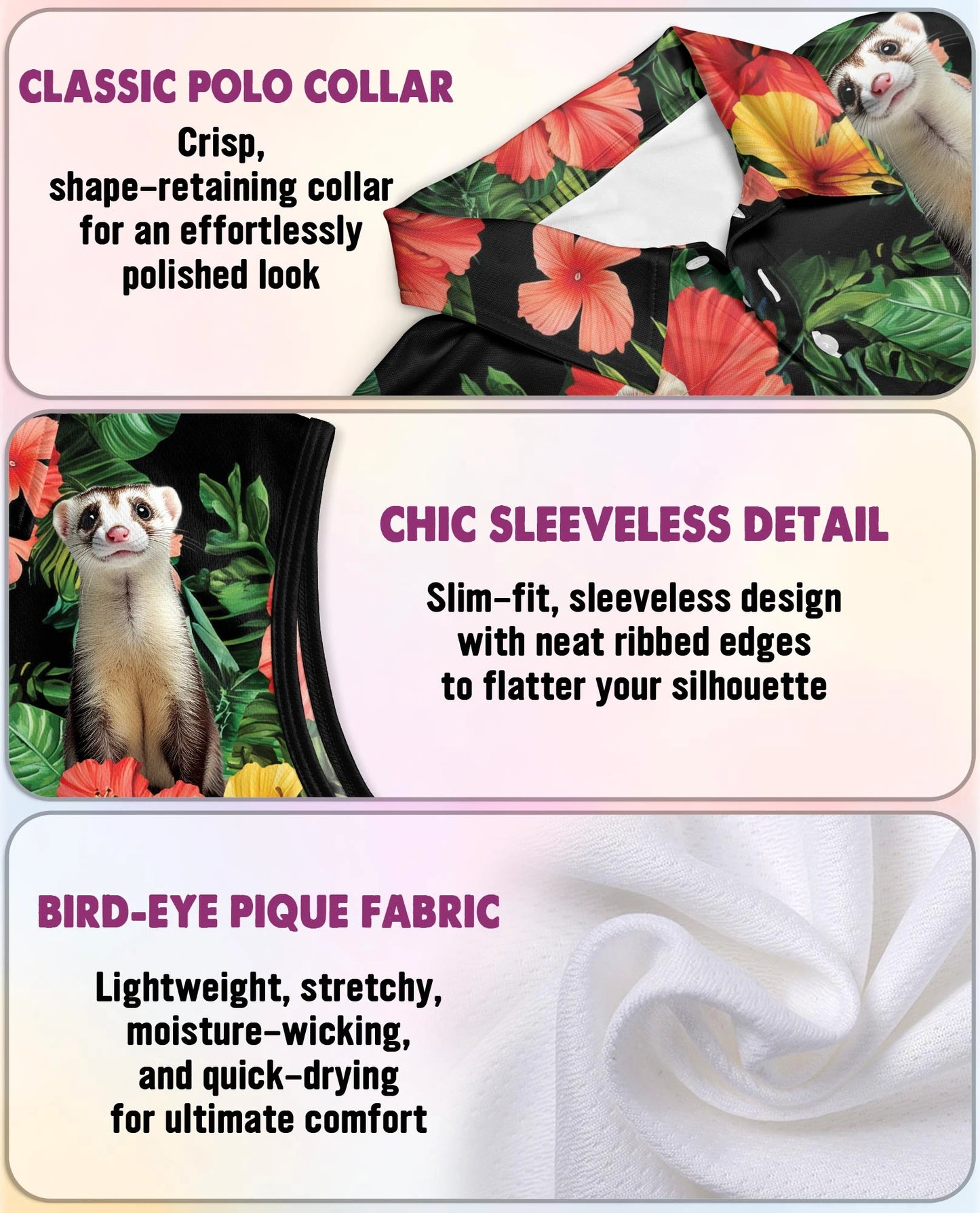 Ferrets Tropical Sleeveless Polo Shirt for Women | Netecom