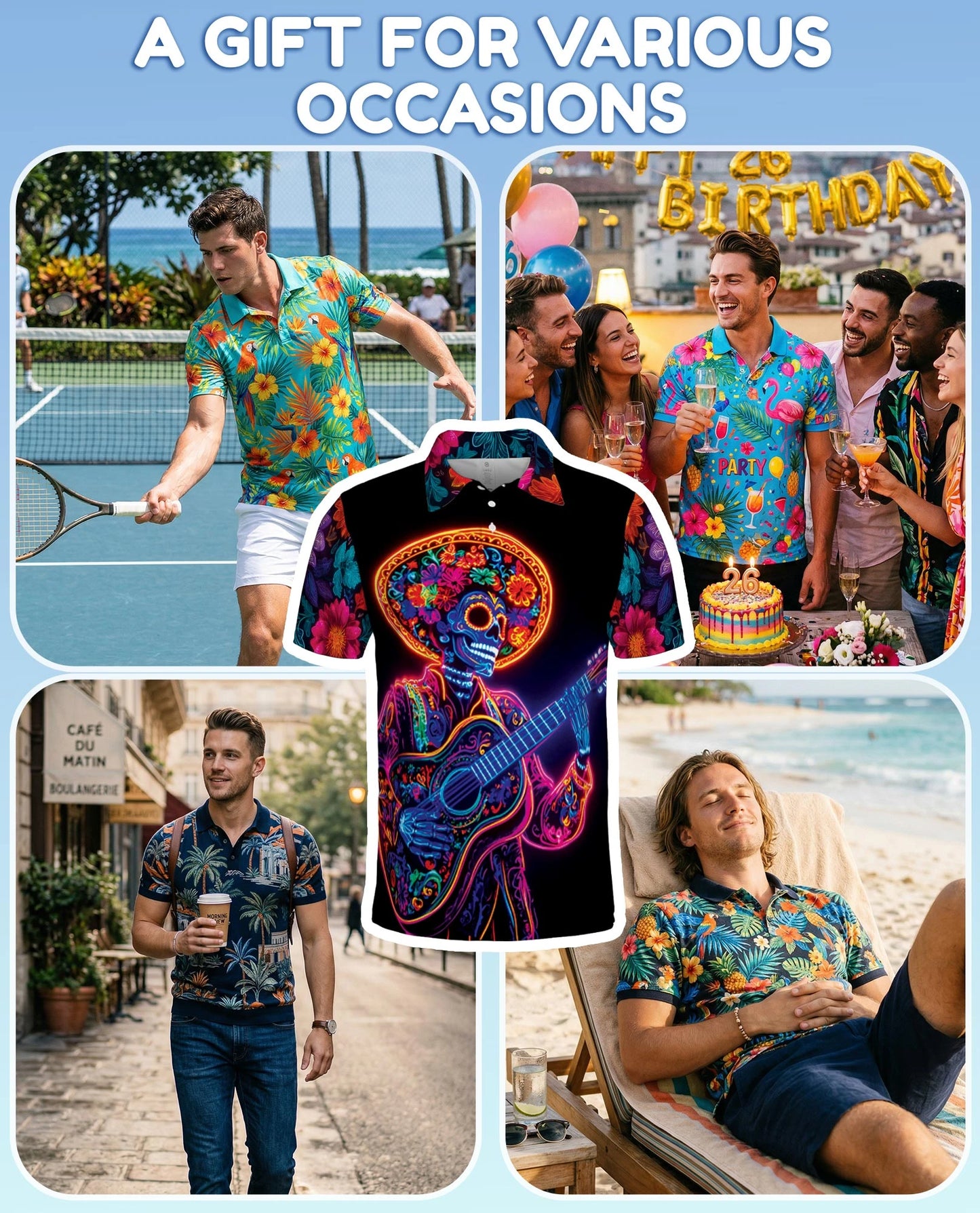 Day of the Dead Skeleton Guitar Polo Shirt for Men – Rock Skull Style | Netecom