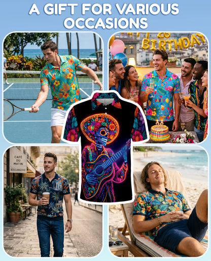 Day of the Dead Skeleton Guitar Polo Shirt for Men – Rock Skull Style | Netecom