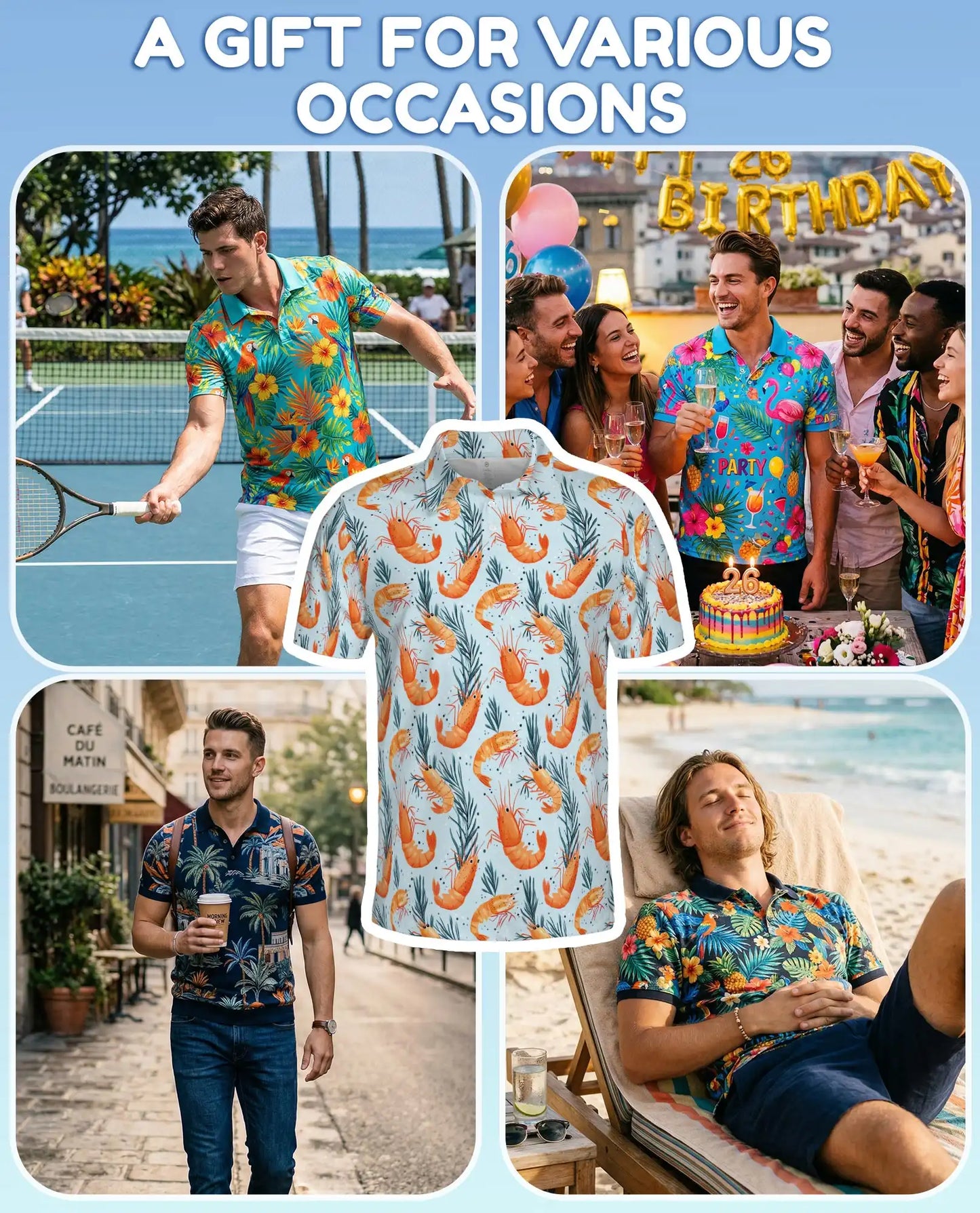 Tropical Shrimp Polo Shirt for Men - Coastal Seafood Hawaiian Summer | Netecom