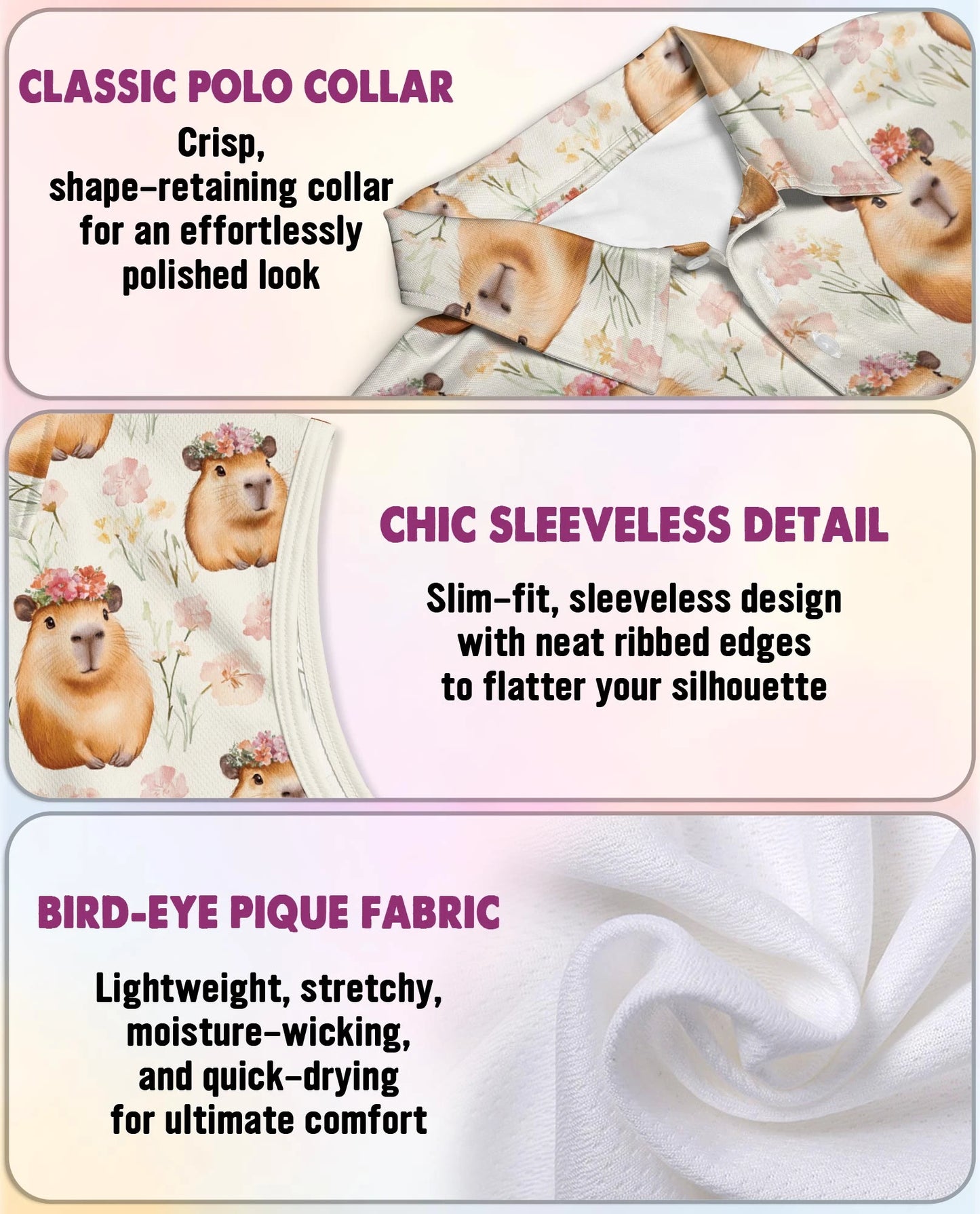 Capybara Flower Crown Sleeveless Polo Shirt for Women | Netecom