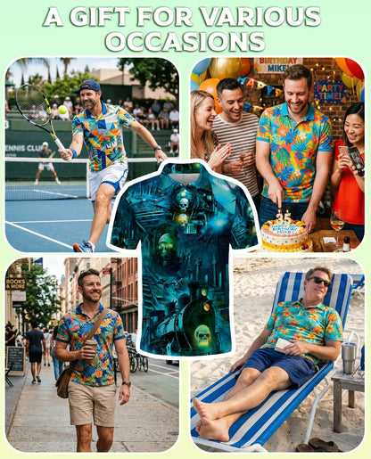Haunted Ghost Train Skull Hawaiian Polo Shirt for Men-Gothic Horror Shirt | Netecom