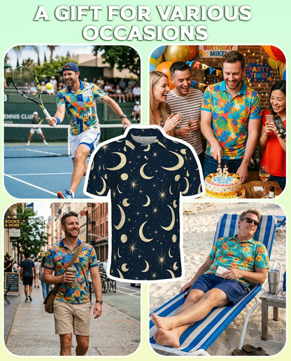 Celestial Moon Polo Shirt- Night Sky Stars Cosmic Print | Netecom