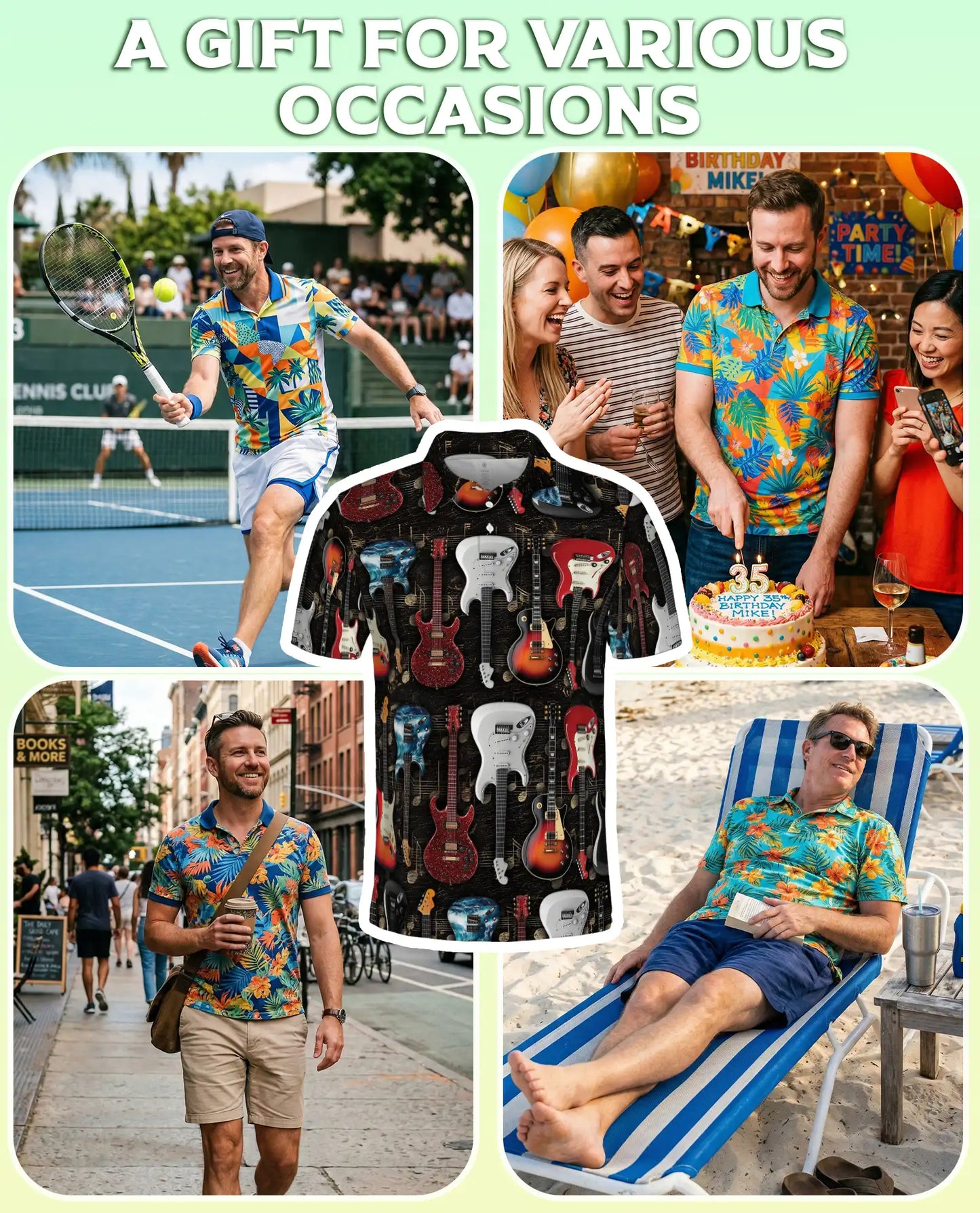 Electric Guitar Hawaiian Polo Shirt | Rock Music Guitar Pattern Shirt | Netecom
