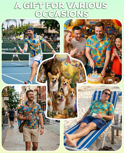 Cute Corgi Garden 3D Polo Shirt for Men – Fantasy Dog Nature Style | Netecom