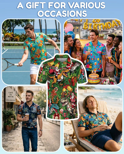 Christmas Dinosaur 3D Polo Shirt for Men – Funny Santa T Rex Holiday Style | Netecom