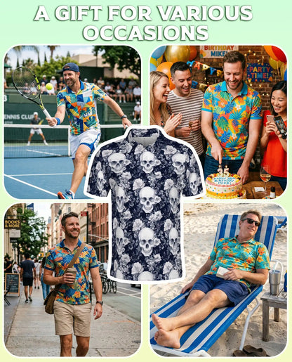 Gothic Skull Floral Hawaiian Polo Shirt | Dark Aesthetic Skull Shirt | Netecom