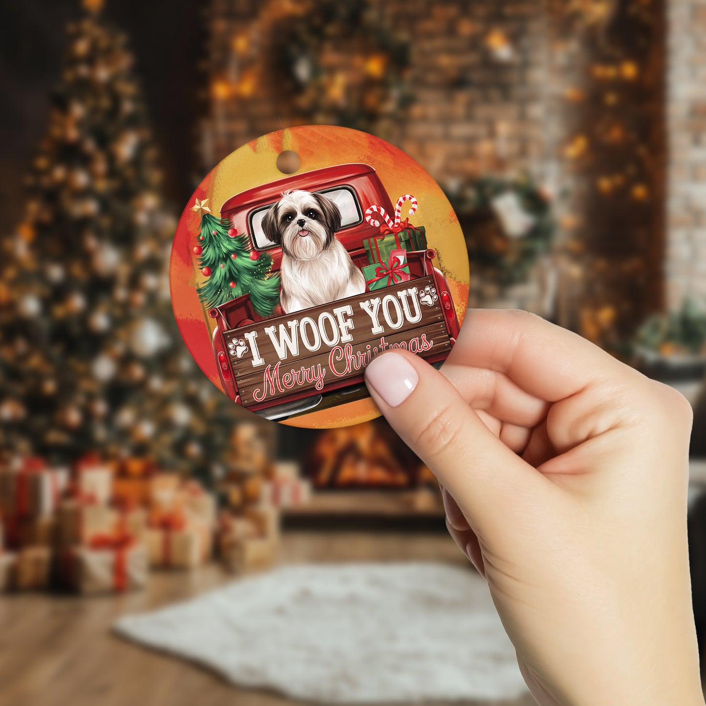 Netecom Funny Shih Tzu Dog in Red Truck Ornament, I Woof You Merry Christmas Ceramic Ornament for Christmas Tree Hanging Decorations Gift, Puppy Lover Gifts, Holiday Decor Present