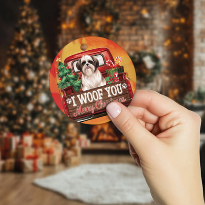 Netecom Funny Shih Tzu Dog in Red Truck Ornament, I Woof You Merry Christmas Ceramic Ornament for Christmas Tree Hanging Decorations Gift, Puppy Lover Gifts, Holiday Decor Present