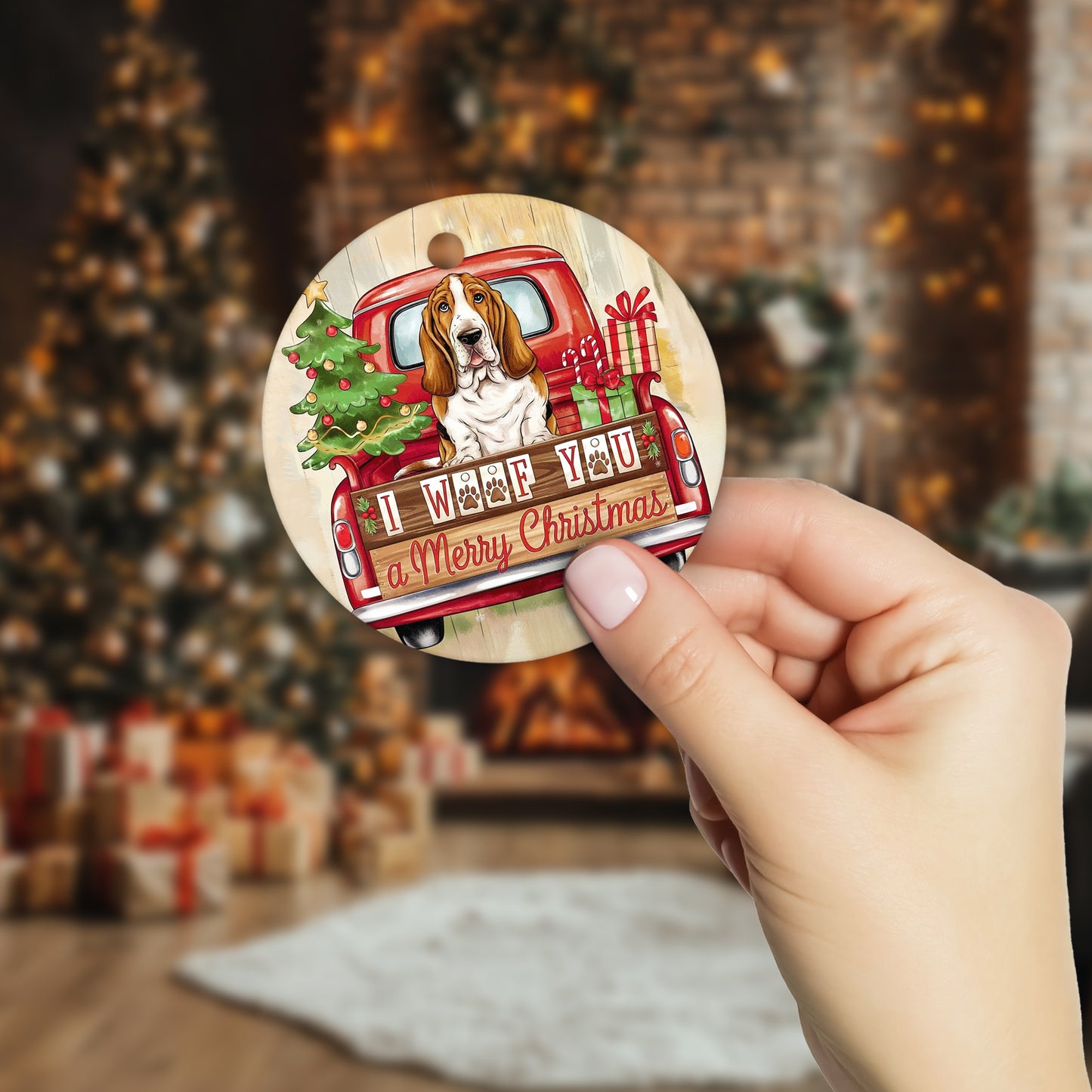 Netecom Funny Basset Hound in Holiday Truck Ornament, I Woof You a Merry Christmas Ceramic Ornament for Christmas Tree Hanging Decorations Gift, Pet Lover Gifts, Holiday Party Present