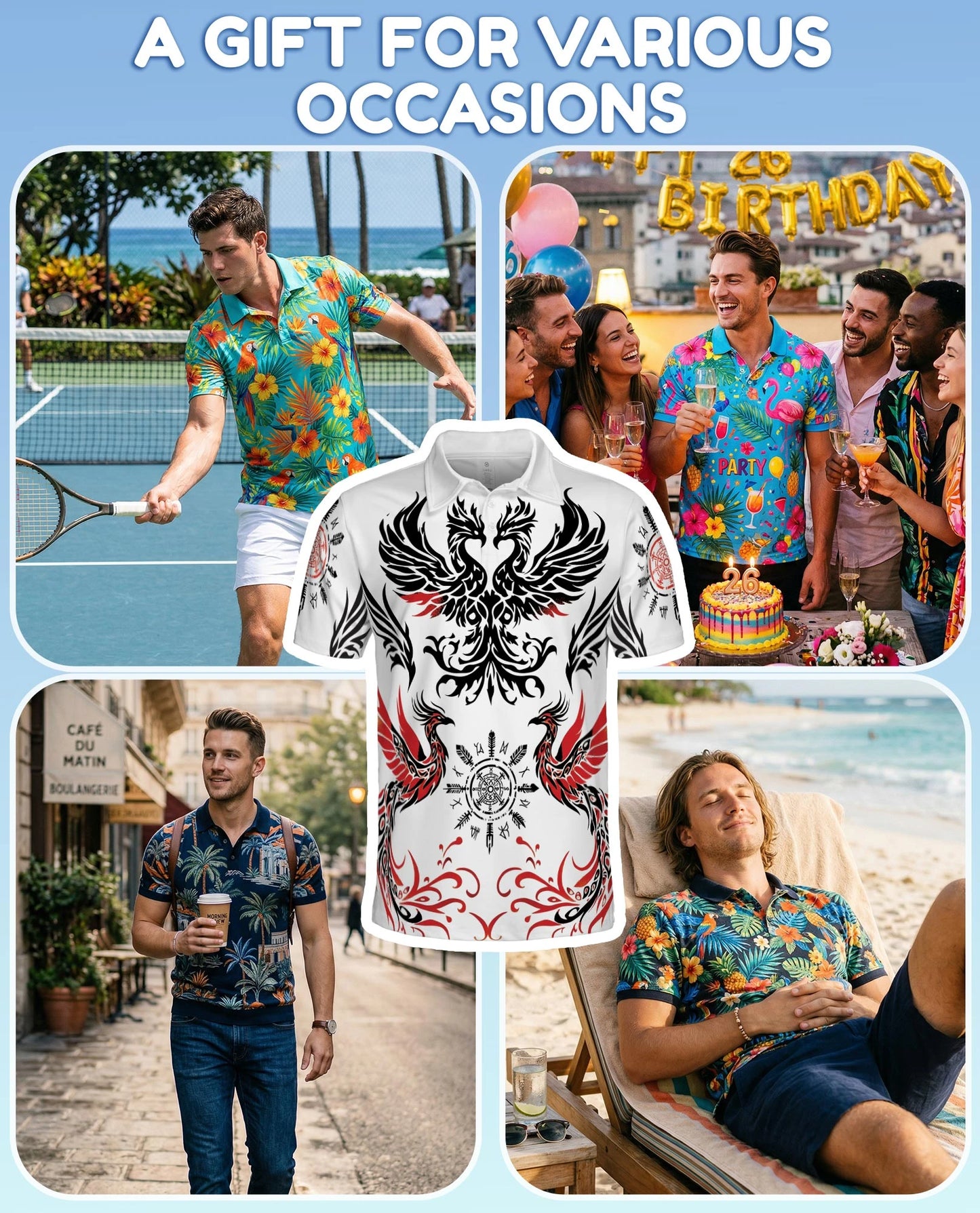 Symmetrical Phoenix Polo Shirt for Men – Mythical Fire Bird Style | Netecom