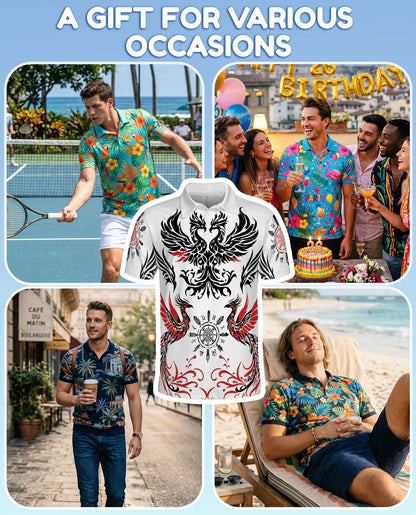 Symmetrical Phoenix Polo Shirt for Men – Mythical Fire Bird Style | Netecom
