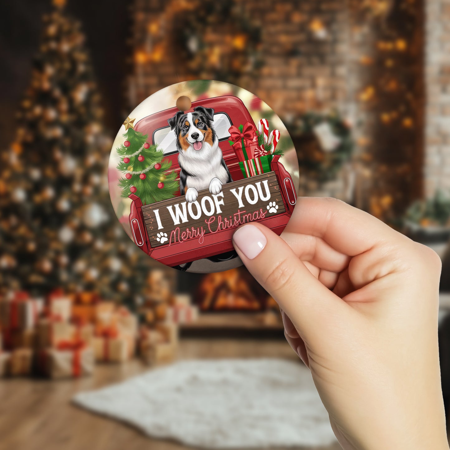 Netecom Cute Australian Shepherd in Holiday Truck Ornament, I Woof You Merry Christmas Ceramic Ornament for Christmas Tree Hanging Decorations Gift, Pet Lover Gifts, Holiday Decor Present