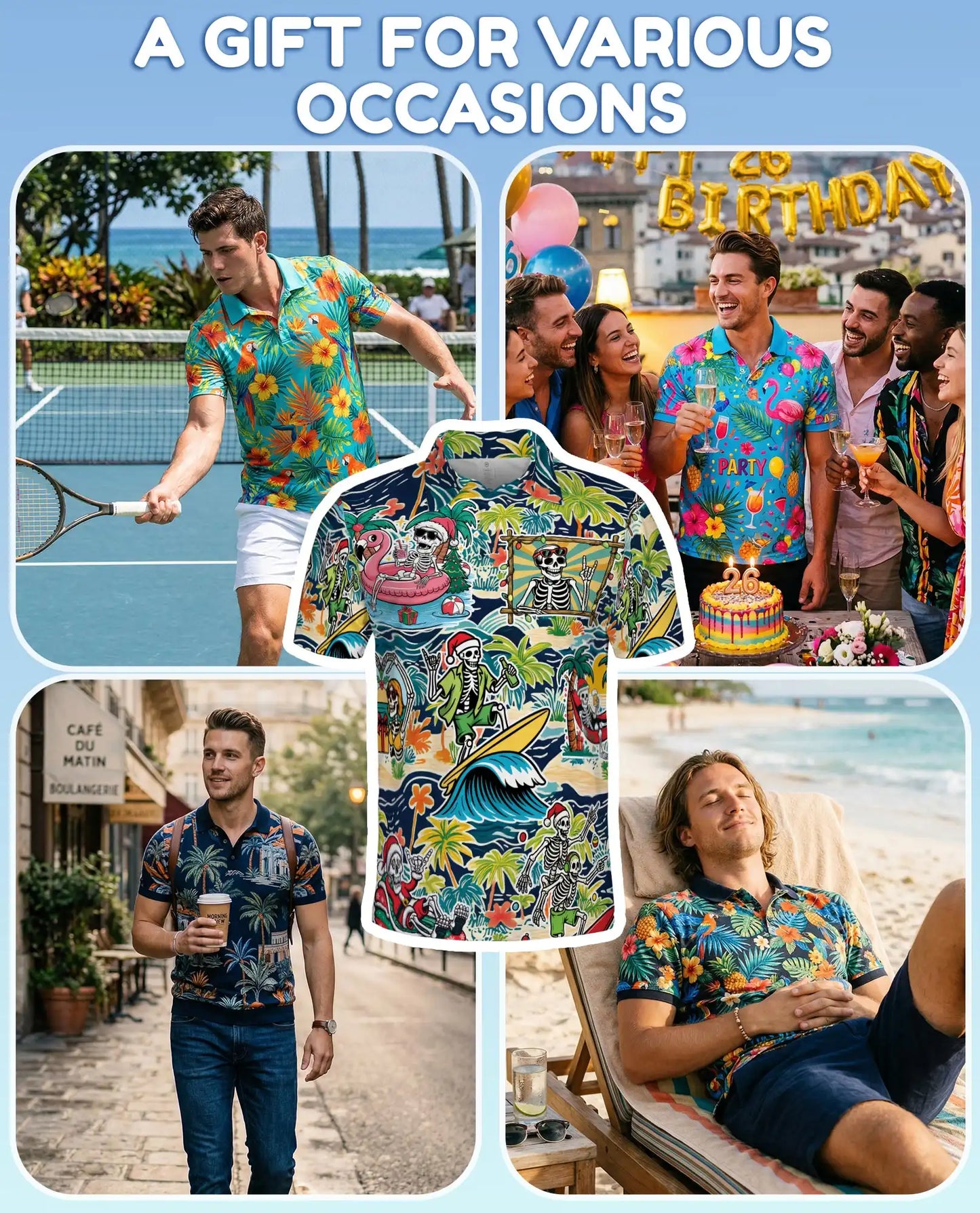 Skeleton Beach Holiday Polo Shirt for Men – Summer 3D Hawaiian | Netecom