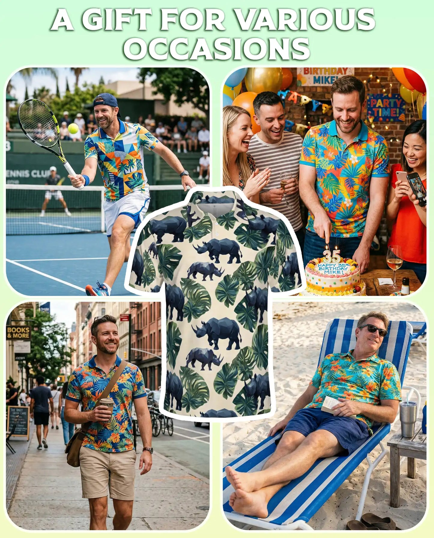 Geometric Rhino Tropical Polo Shirt-Safari Wildlife Jungle Pattern | Netecom