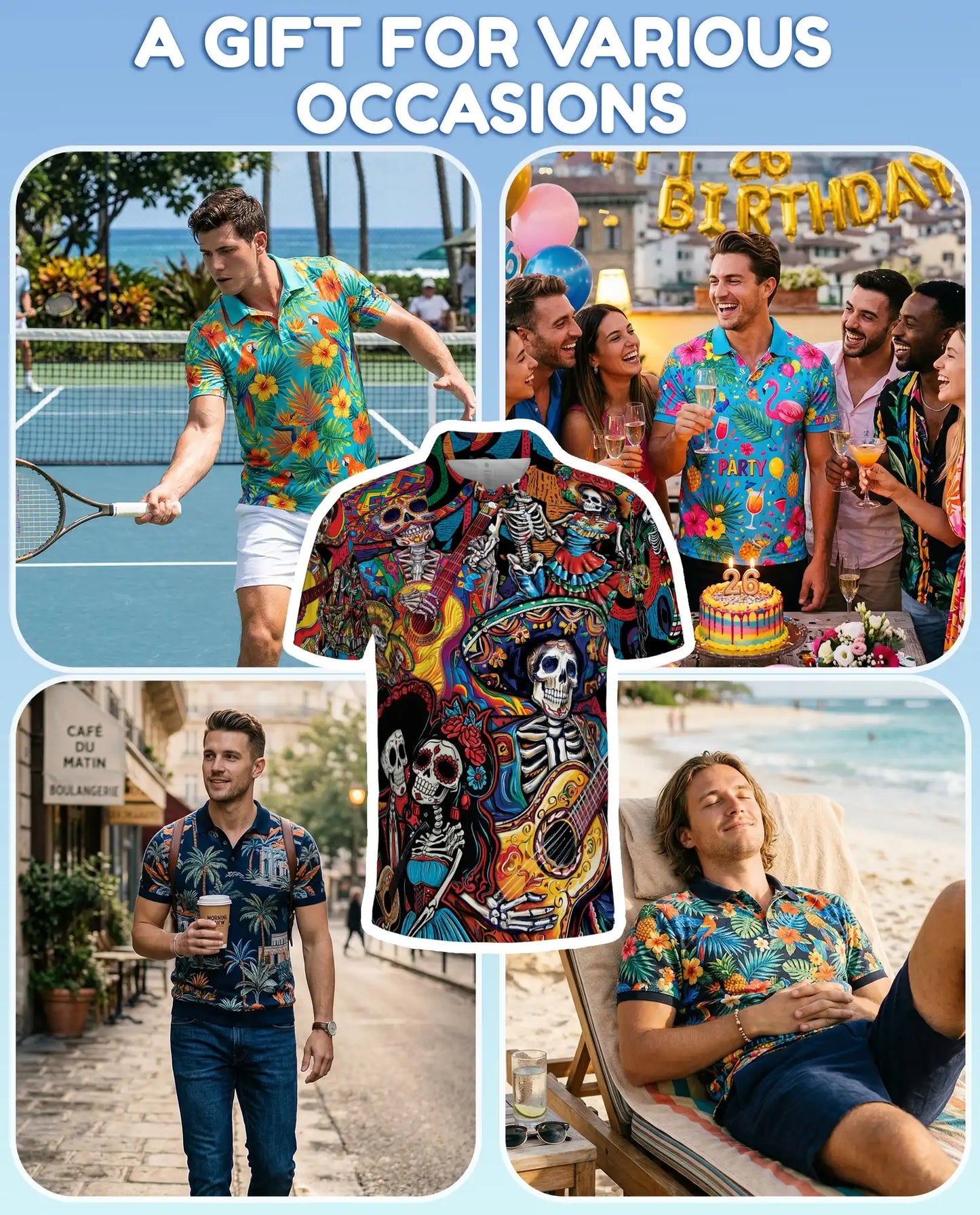 Dia de los Muertos Guitar Polo Shirt - Colorful Fiesta Style | Netecom