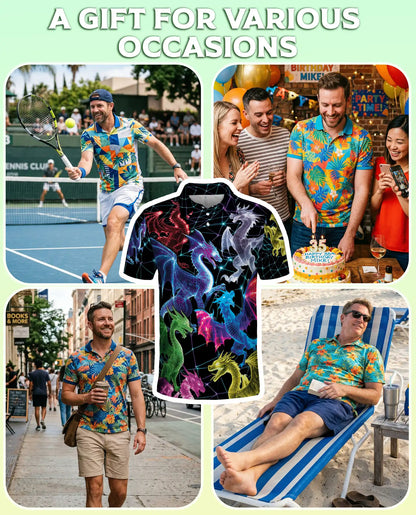 Neon Cyber Dragon 3D Polo Shirt for Men – Futuristic Fantasy Creature Style | Netecom