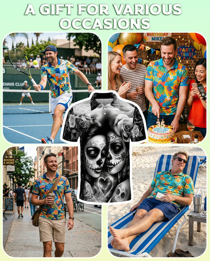 Sugar Skull Couple Polo Shirt – Gothic Rose Print | Netecom