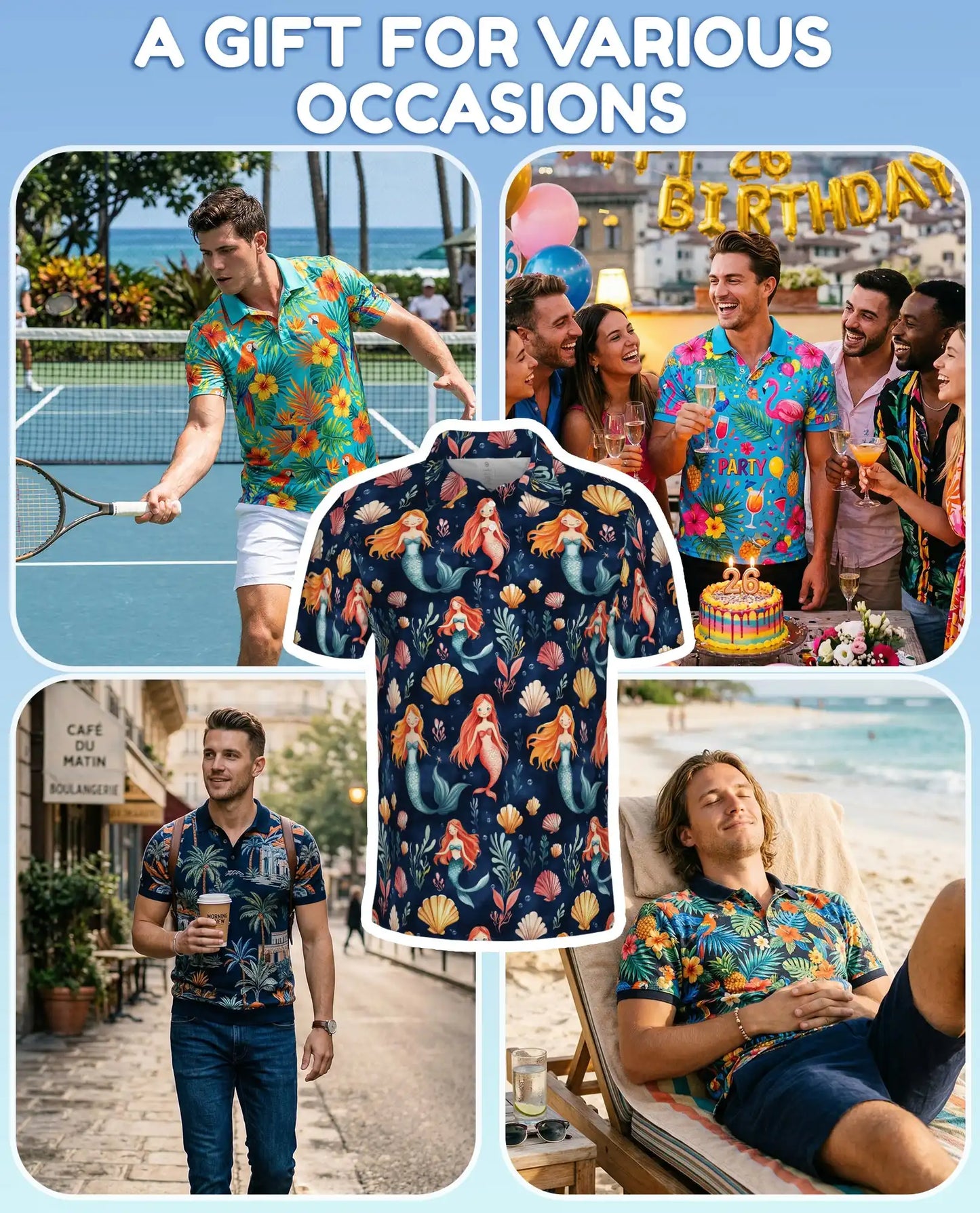 Cute Mermaid Polo Shirt - Ocean Seashell Fantasy Pattern | Netecom