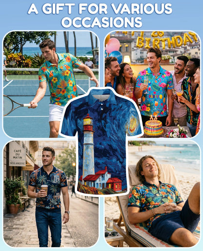 Lighthouse Starry Night Polo Shirt for Men – Coastal Art Style | Netecom