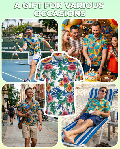 Hawaiian Polo Shirt – Palm Tree Wave Hibiscus Print | Netecom