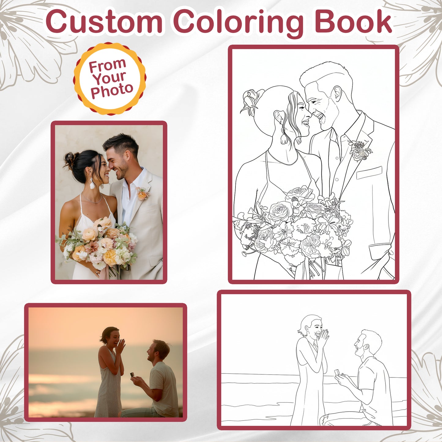 Personalized Wedding Memory Coloring Book for Adults – Custom Coloring Pages from Your Wedding Photos , 12–48 Pages, Memory Keepsake Gift, Premium Wooden Cover, Spiral Binding