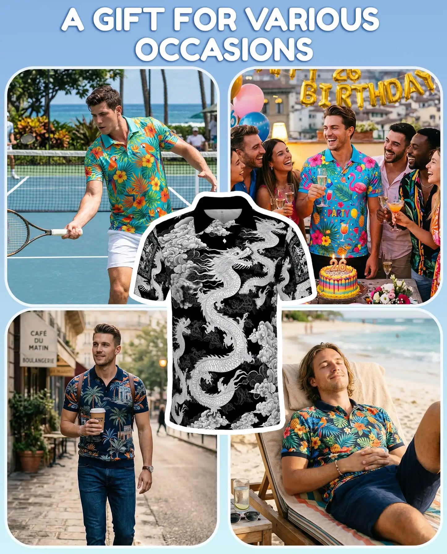 White Asian Dragon Polo Shirt for Men - Black Oriental Dragon Art | Netecom