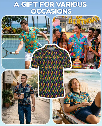Mardi Gras Harlequin Diamond Hawaiian Polo Shirt for Men-Carnival Party Shirt | Netecom