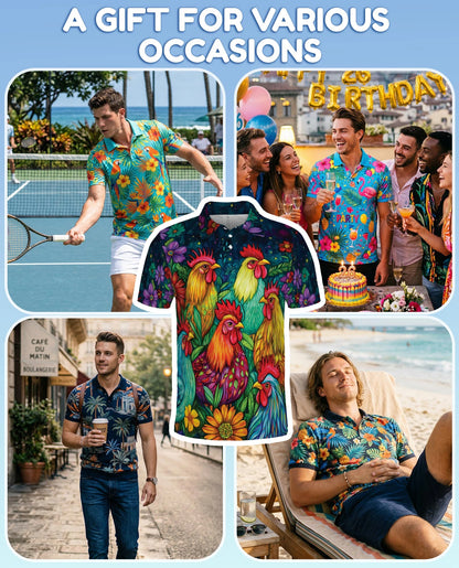 Vibrant Neon Rooster Polo Shirt for Men – Fantasy Art Style | Netecom