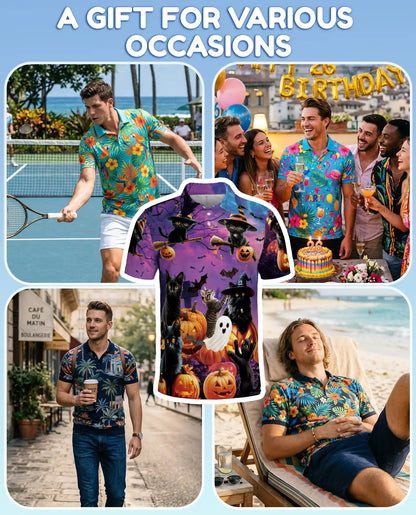 Halloween Black Cat Polo Shirt for Men – Spooky Cat Print | Netecom