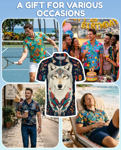 Boho Wolf Polo Shirt - Spirit Animal Nature Style | Netecom