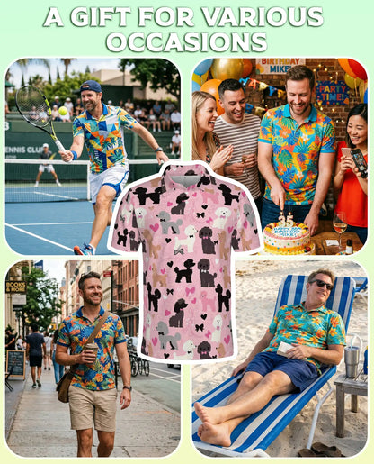 Cute Poodle Dog Lover Polo Shirt for Men - Pink Heart Pattern | Netecom
