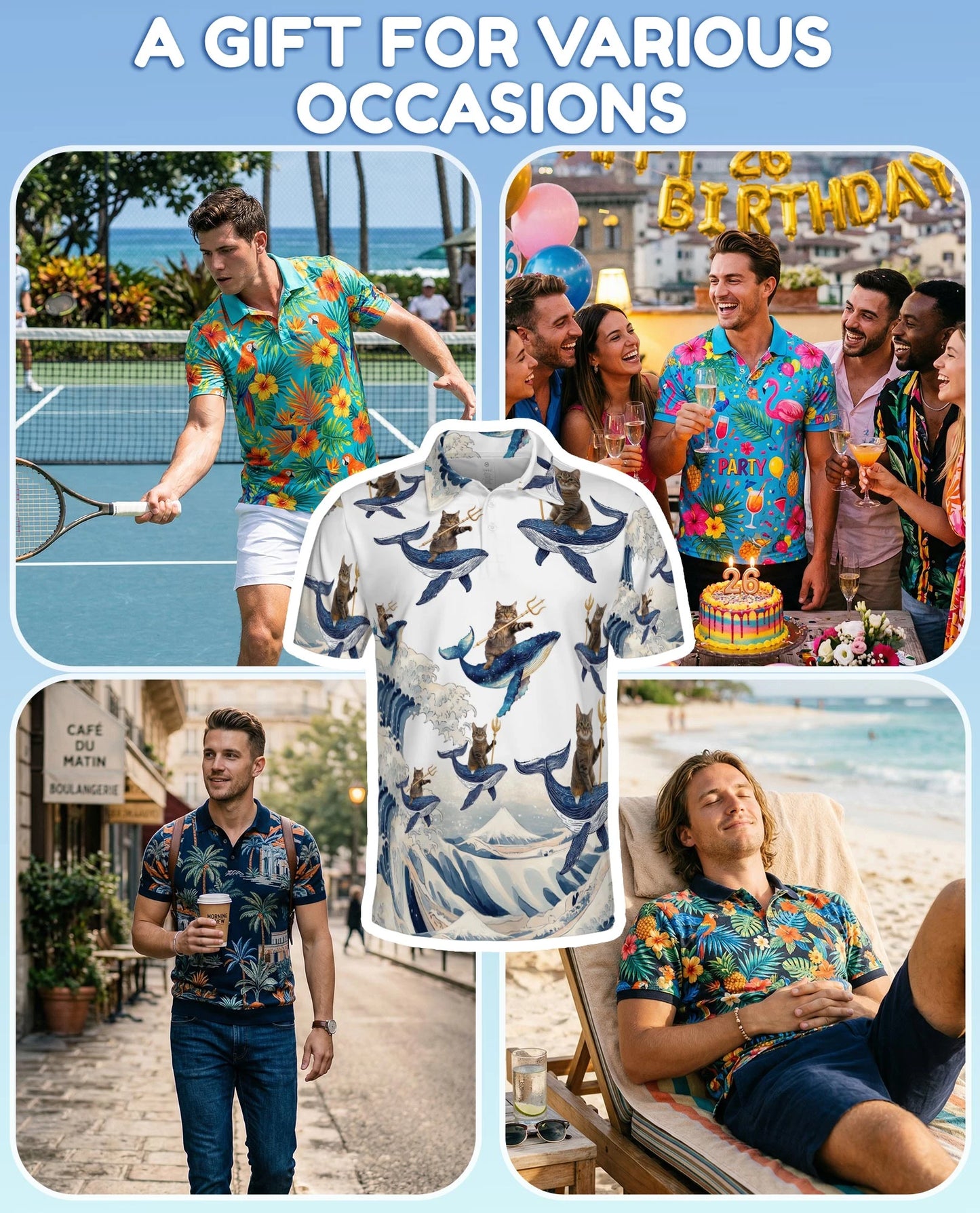 Cat Riding Whale Polo Shirt for Men – Funny Ocean Animal Style | Netecom