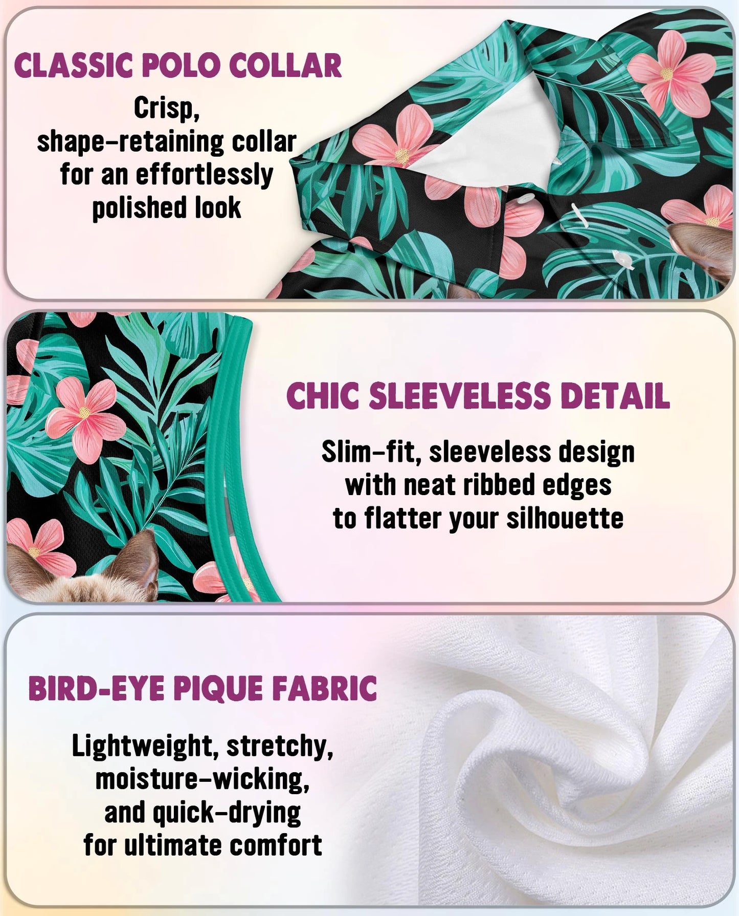 Siamese Cat Tropical Flowers Sleeveless Polo Shirt for Women | Netecom