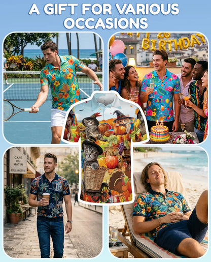 Autumn Harvest Cats Polo Shirt for Men – Cute Fall Kitten Print | Netecom