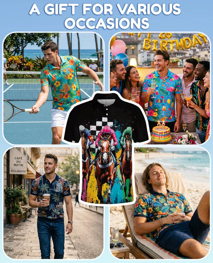 Artistic Colorful Horse Racing Polo Shirt for Men – Equestrian Art Style | Netecom